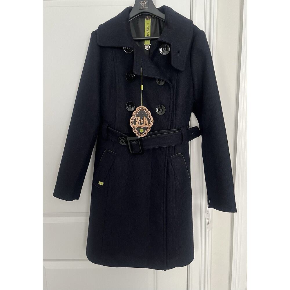 Soia & Kyo women belted button up coat Size L black/blue NWT